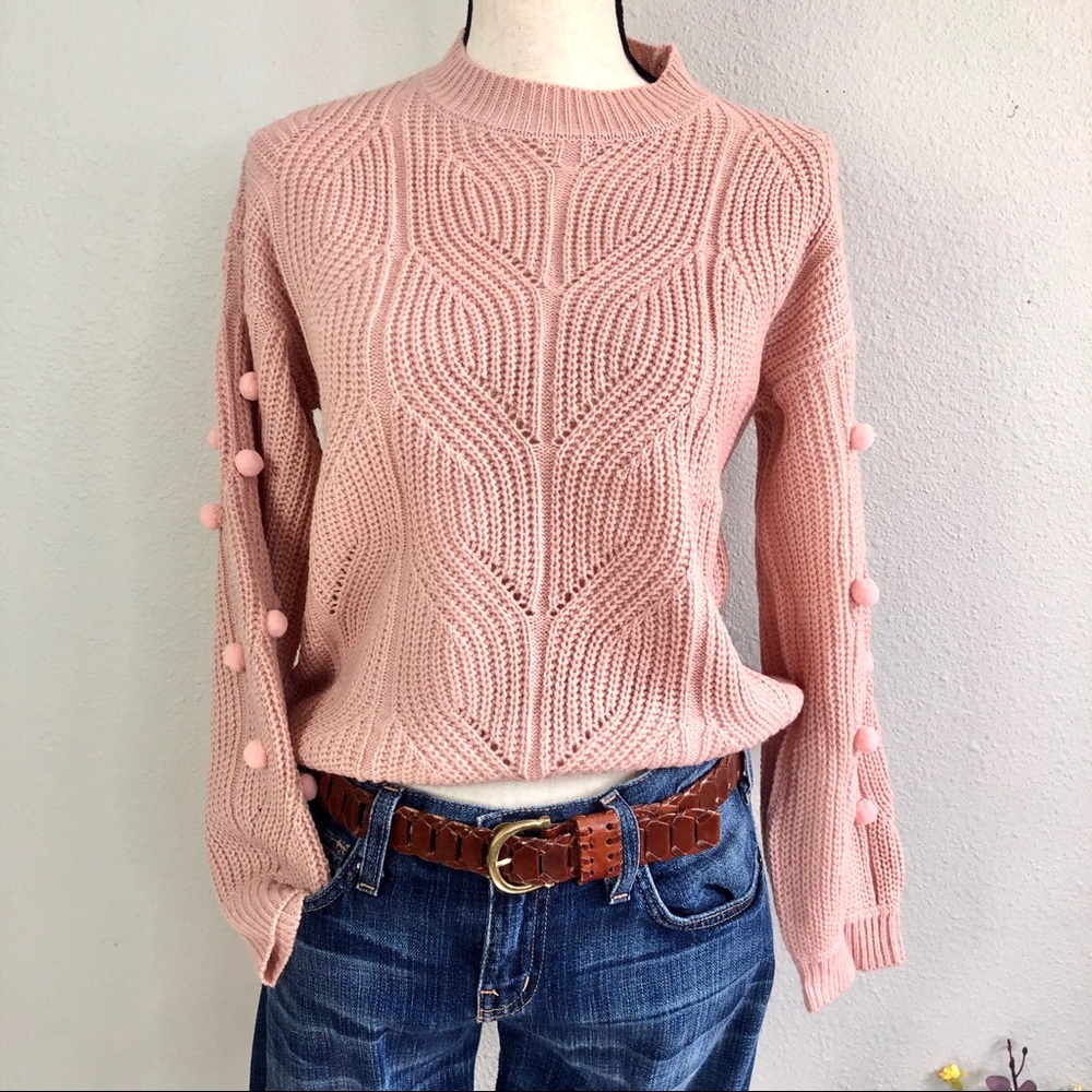 Pom Pom Sweater Blush Pink Pointelle Knit